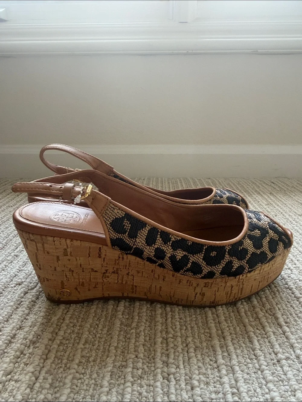 Tory Burch Leopard Print Cork Wedge Slingback Sandals - Tan/Black